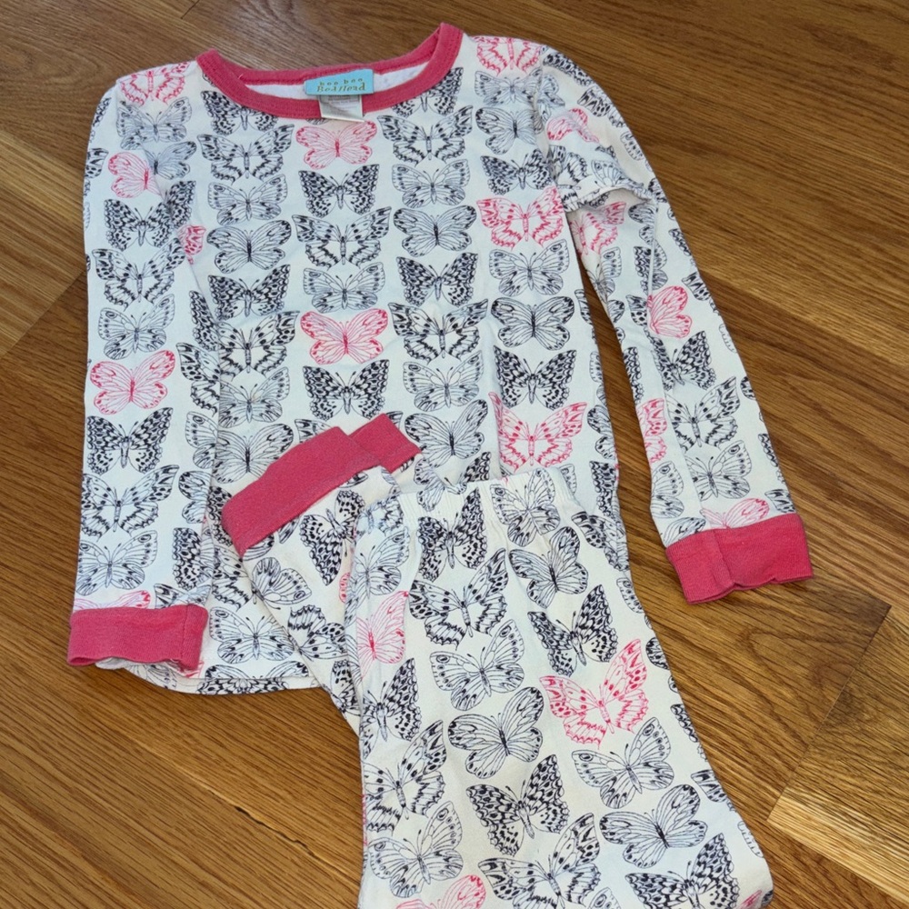 Kids Butterfly Print Pajama Set with Pink Trim